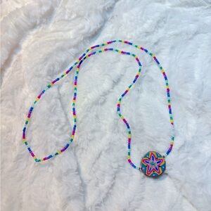 Colorful Star Beaded Necklace with Hand Painted Wood Slice Pendant Charm